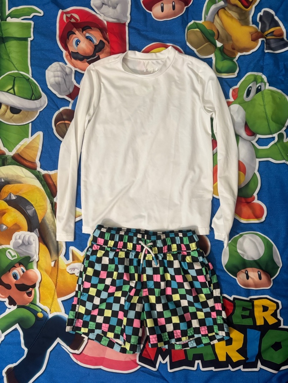 (2/$20) art class White Rash Guard with Multicolor Check Swim Shorts